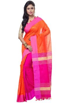 Orange And Pink Jamdani Pure Handloom Cotton Saree