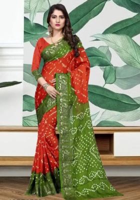 Brick Red Pure Handloom Bandhani Silk Saree From Banaras