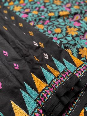 Black Handloom Kantha Stitch Saree From Bengal