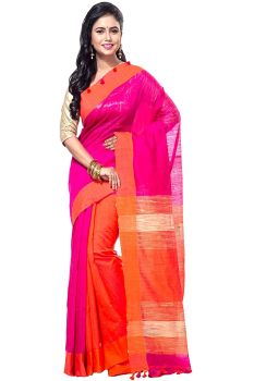Pink And Orange Jamdani Blend Cotton Saree