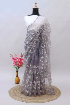 Grey Leaf Thread Work Organza Saree