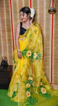 Yellow Hand Printed Pure Handloom Organza Saree