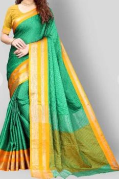 Green Mercerized Cotton Satin Saree From Banaras