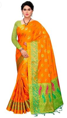 Orange Pure Handloom Silk Saree From Banaras