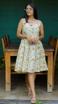 White Hand Block Printed Cotton One Piece From Rajasthan