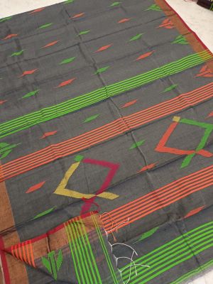 Charcoal Gray Pure Handloom Silk Cotton Saree From Bengal