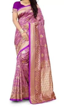 Pink Mercerized Cotton Silk Antique Gold Zari Saree