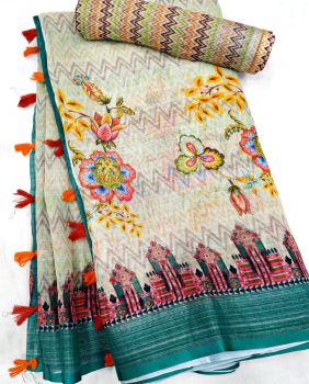 Pastel Grey Linen With Digital Print Blouse From Bhagalpur