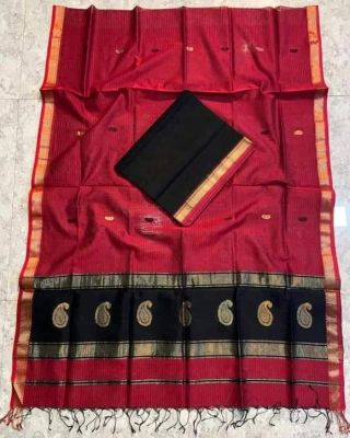 Bright Maroon Pure Handloom Maheswari Silk Cotton Saree From Bengal