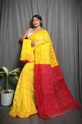 Yellow Pure Handloom Dhakai Jamdani Saree From Bengal