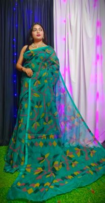 Teal Pure Handloom Dhakai Jamdani Saree From Bengal