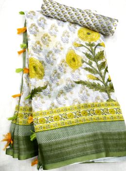 White Soft Linen With Digital Print Blouse From Bhagalpur