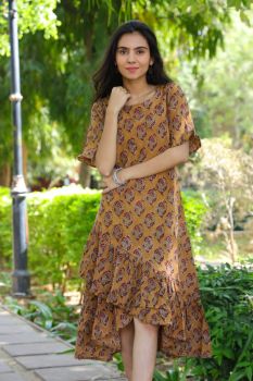 Light Mustard Pure Cotton Hand Block Printed One Piece