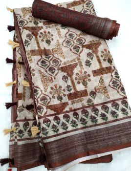 Pastel Grey And Brown Soft Linen With Digital Print Blouse From Bhagalpur