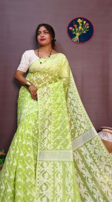 Bight Lime Green Pure Handloom Dhakai Jamdani Saree From Bengal