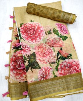 Light Brown Soft Linen With Digital Print Blouse From Bhagalpur