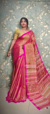 Dark Pink Pure Handloom Tissue Silk Saree From Bengal