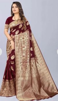 Persian Plum Mercerized Cotton Silk Antique Zari Saree From Banaras