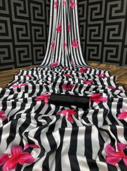 Black And White Printed Flower Design Heavy Satin Silk Saree