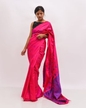 Pink Butta Mulberry Silk Handloom Saree From Assam