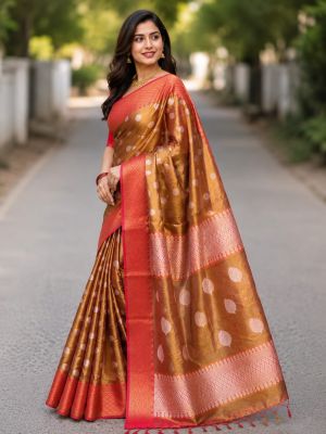 Mustard Orange Pure Handloom Silk Tissue Saree From Bengal