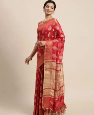 Brick Red Pure Handloom Silk Cotton Saree From Banaras