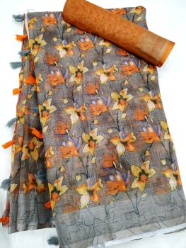 Grey Soft Linen With Digital Print Blouse From Bhagalpur