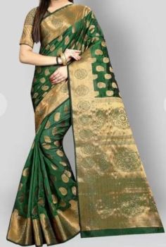 Forest Green Chanderi Silk Antique Gold Zari Saree From Banaras