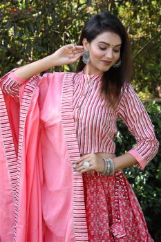 Pink Hand Block Printed Cotton Top Skirt With Dupatta