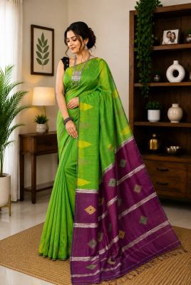 Parrot Green Pure Handloom silk Cotton saree From Bengal