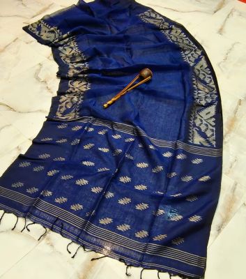 Navy Blue Pure Handloom Linen By Linen Saree From Bengal