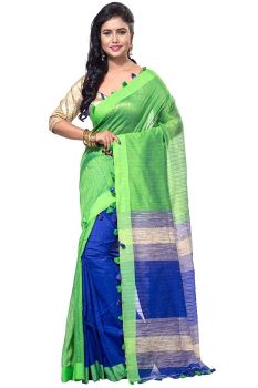 Light Green Cotton Silk Handloom Kushumdola Saree With Blouse Piece Cotton From Bengal