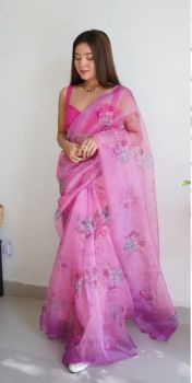 Light Purple Flower Printed Work Pure Organza Silk Saree