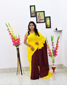 Mustard Yellow Pure Handloom Khesh Cotton Saree From Bengal