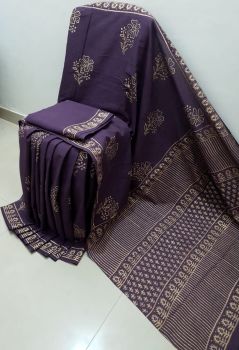 Violet Hand Block Printed Work Saree