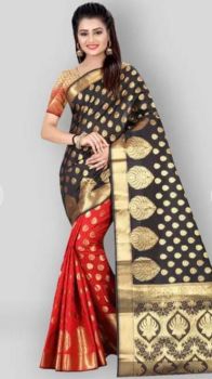Dark Grey Chanderi Silk Antique Gold Zari Saree From Banaras