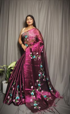 Purple Pure Handloom Tissue Cotton Saree From Bengal