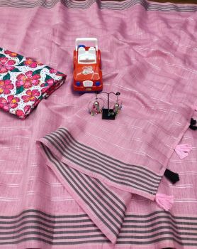 Rose Pink Linen Saree With Cotton Tussle From Bhagalpur