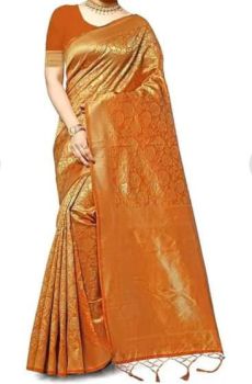 Orange Chanderi Silk Antique Gold Zari Saree From Banaras