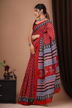 Red Block Print Cotton mulmul saree