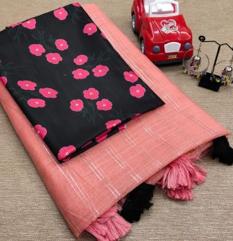 Light Coral Linen Saree With Cotton Tussle From Bhagalpur