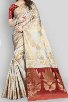 White Semi Silk Copper Zari Saree From Banaras