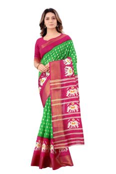 Mahastree Light Green Ikkat Pattu KalamkariSilk Cotton Saree