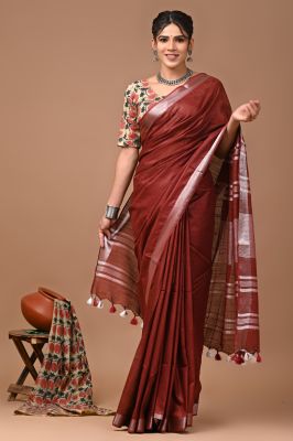 Maroon Pure Handloom Linen By Linen Saree From Bengal