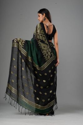 Green Black Pure Handloom Linen By Linen Saree From Bengal