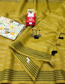 Gold Yellow Linen Saree With Cotton Tussle From Bhagalpur