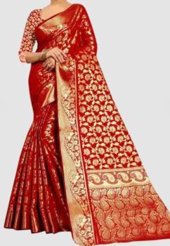 Persian Red Mercerized Cotton Saree From Banaras