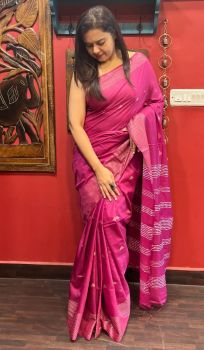 Dark Pink Pure Handloom Crafted Kota Silk Saree From Bhagalpur