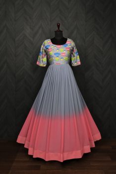 Grey Pink Kalamkari Digital Print Satan Georgette Gown
