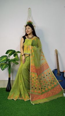 Mehandi Green Pure Handloom Dhakai Jamdani Saree From Bengal